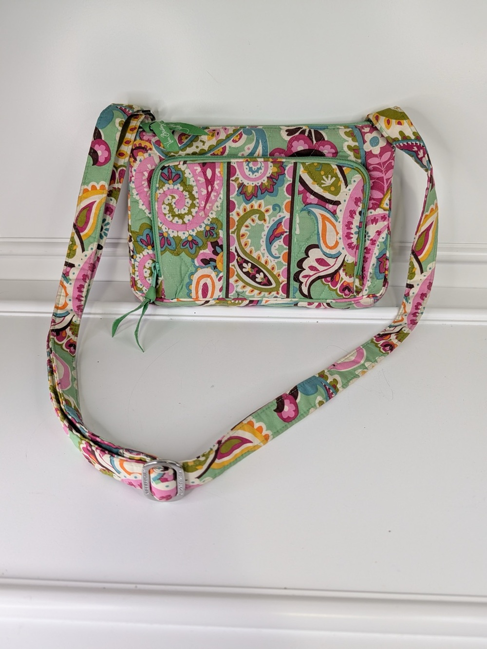 Vera Bradley Mint Paisley Quilted Crossbody with Pink Accents